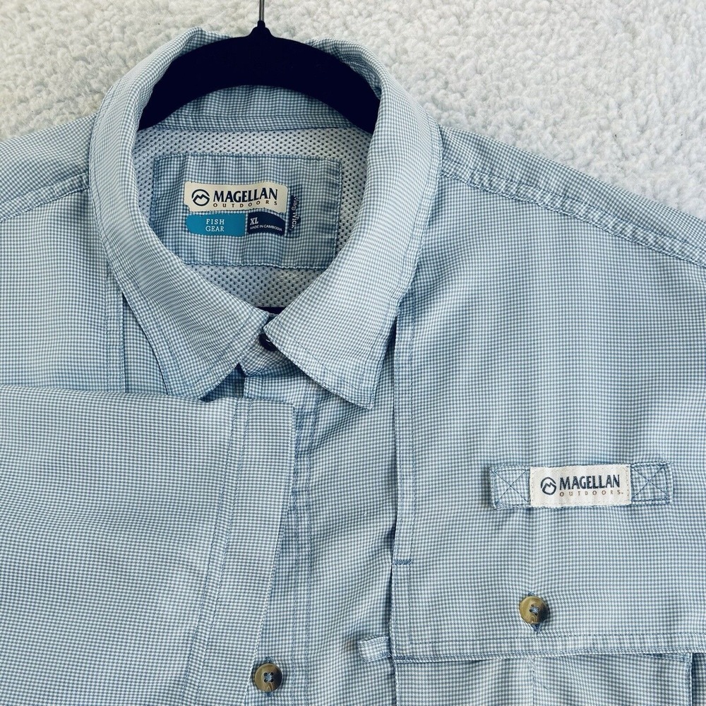 Magellan Men XL Blue White Check Short Sleeve Button Down Relaxed Fish Gear